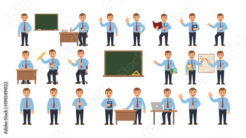 Animated Educator: A collection of illustrated educators in various poses, gestures, and settings, designed to convey a variety of teaching and presentation concepts. 