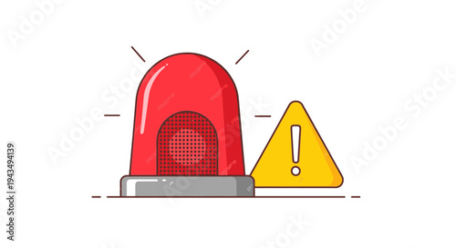 Illustration of a red warning light and a yellow triangular caution sign on a white background with bold lines and bright colors.