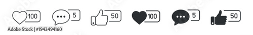 Social media engagement icon set, like comment and share counter icons. Online interaction concept. Social network notification symbols. Vector illustration.