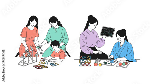 Family Quality Time: Two scenes of families thoughtfully engaging in activities that foster interaction and shared moments, capturing the essence of togetherness and creating memories.
