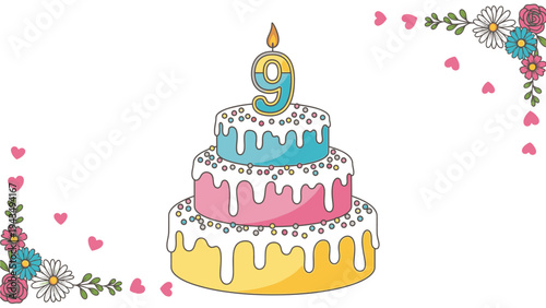 Digital illustration of a three-tiered birthday cake with white frosting and colorful decorations, featuring a lit '9' candle on top, surrounded by floral patterns and hearts on a white
