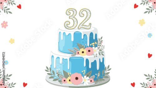 Illustration of a two-tiered blue birthday cake with white icing and floral decorations on a clean white background with colorful hearts and flowers.