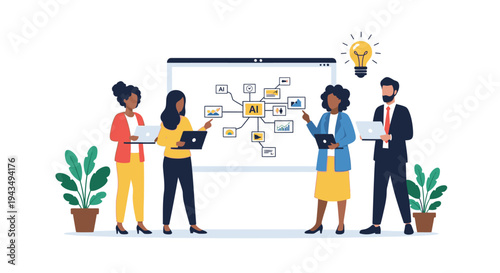 Flat illustration of a diverse business team brainstorming around a flowchart on a whiteboard with laptops and plants in a modern office setting.
