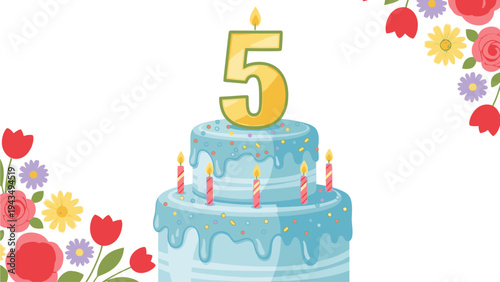 Flat lay of a blue birthday cake with lit candles and a gold '5' on top surrounded by colorful flowers on a white background.