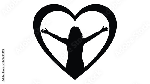 A woman stands in a heart with her arms outstretched