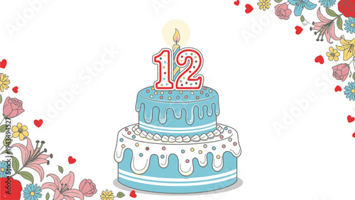 Flat design illustration of a blue birthday cake with white icing and a lit candle on top of the number 12, surrounded by colorful floral patterns and hearts on a white background.