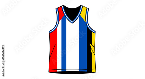 Colorful sleeveless sports jersey with vertical stripes and V-neck design.