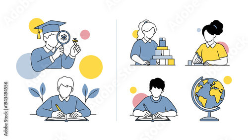 Education and Exploration: A set of illustrations showcasing the various facets of education and learning with the globe, book and students. 