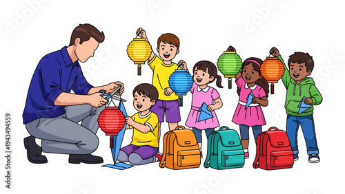Lanterns and Learning: A dedicated educator guides a group of enthusiastic children, illuminating the joy of knowledge with colorful lanterns, fostering a sense of curiosity.