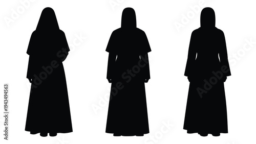 Three black silhouettes of hooded figures in long robes
