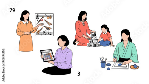Illustration of Educators in Different Activity: Illustration of Educators in various activities: Teaching music, Building block play, Tablet application use, Arts and crafts education.