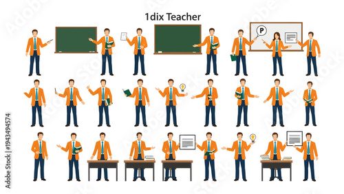 Teacher's instructional aid: A compilation of illustrations showcasing an educator engaging in various actions within a classroom setting, perfect for instructional design.