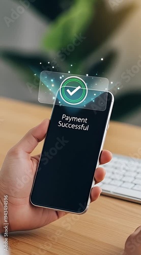 Successful online payment on smartphone with checkmark and green animation on screen