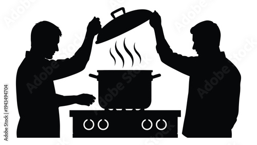 Two people cooking with a large pot on the stove