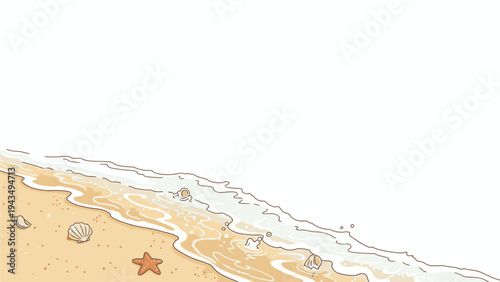 Serene beach scene with gentle waves washing over shells and a starfish on the sandy shore against a clean white background.