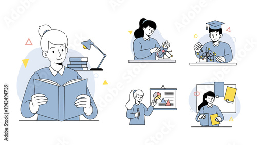 Educational Endeavors: Capturing scenes of focused study, meticulous research, and the pursuit of knowledge. Envision individuals engrossed in reading, experimenting, and presenting their findings.