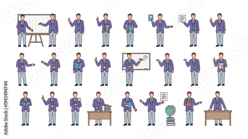 Classroom Educator in Action: a collection of illustrations of a male educator in various gestures and poses, symbolizing the dynamism of teaching and the diverse ways of imparting knowledge. 