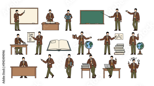 Educator in Action: A collection of illustrations showcases an educator in various poses, emphasizing teaching, guidance, and knowledge-sharing within an academic setting.