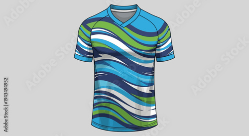 Vibrant Blue and Green Wavy Patterned Athletic T-Shirt Design.