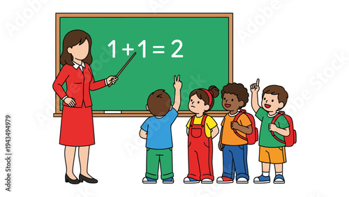 Classroom Discovery: A teacher engages her students in a math lesson, pointing to an equation on the chalkboard as the young scholars eagerly participate, fostering a dynamic learning environment.