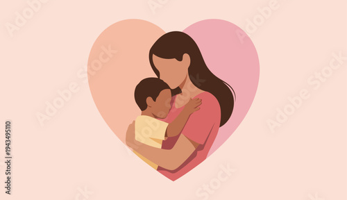 Mother hugging son in heart shape background vector illustration for mothers day
