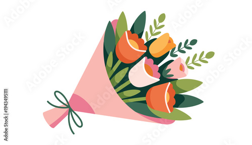 Beautiful spring flower bouquet with vibrant colors and lush green leaves, elegant vector art