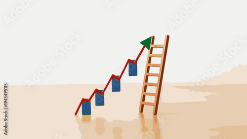 Illustration of a red line graph with blue bars and a green arrow trending upwards next to a ladder on a beige background with a reflective surface.