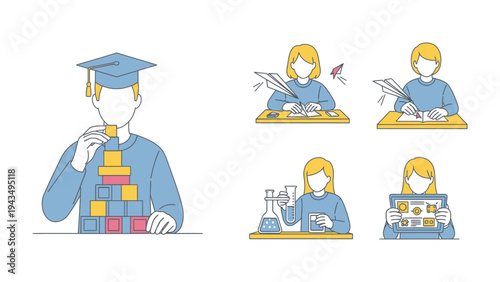 Building Future with Education: A person wearing graduation hat constructing a tower with wooden blocks, alongside illustrations of students engaged in diverse learning activities.