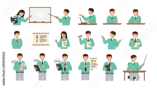 Business Presentation: A compilation of professional figures in the field of business demonstrating various actions and poses.