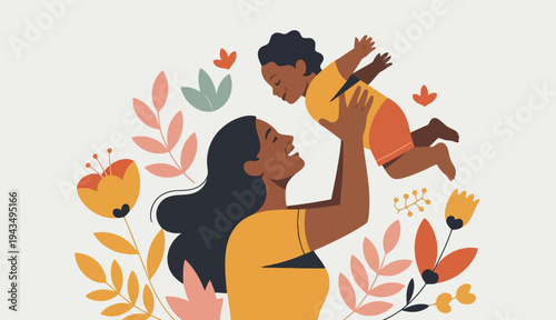 Mother holds baby aloft amidst flowers, celebrating family love and connection