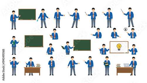 Teacher in the Classroom: A collection of illustrations showcases a teacher in various poses. He is standing by a chalkboard and desk, with different gestures and tools.