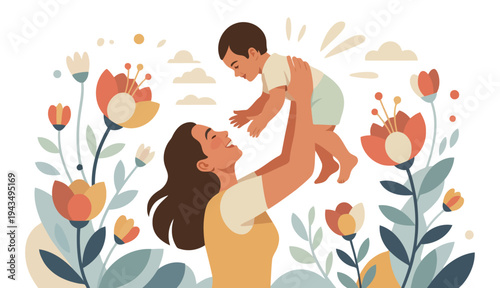 Mother holding baby in arms, surrounded by flowers, happy family, motherhood joy