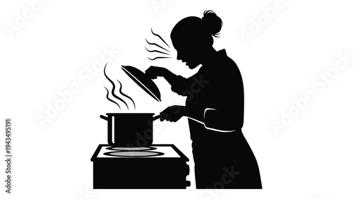 Woman cooking with a pot on the stove
