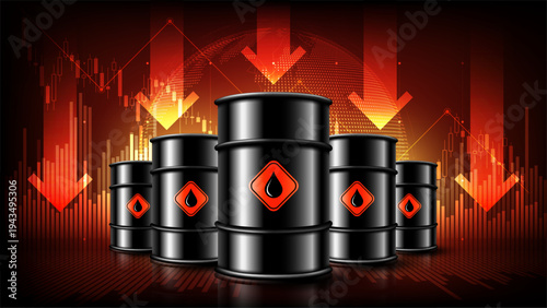 Crude oil barrels with red falling arrows and financial graphs representing oil price crash, energy crisis and economic downturn, vector illustration
