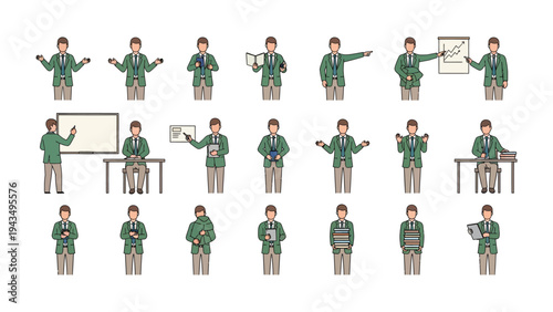 Business Presentation Set: A series of illustrations capturing a man engaged in diverse business presentation activities, from public speaking and pointing to the display of charts.