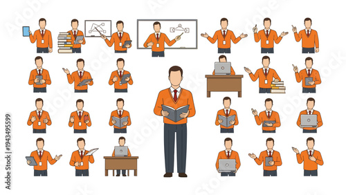 Versatile Business Professional Illustration: A collection of illustrations showcasing a professional in various poses and actions, perfect for illustrating diverse business scenarios.