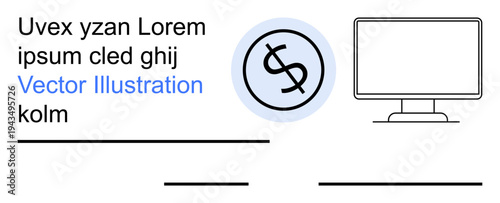 Finance, technology, online payment, business tools, digital services, ecommerce. Dollar sign within a circle and a computer monitor with text elements. Finance and technology concept