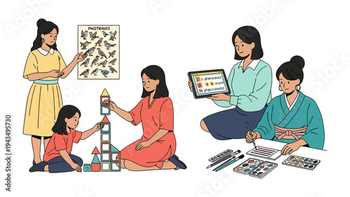 Educational Moments: A collage of women and girls engaged in diverse learning activities, building blocks, tablet-based learning, and creative exploration. A display of educational collaboration.