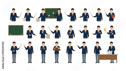 Teacher's Actions: A comprehensive collection of illustrations of a male teacher in various poses, from pointing with a pointer stick to writing on the blackboard and holding books.