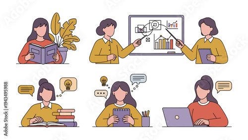 Educational and professional tasks: A vibrant illustration showcasing diverse scenarios of a person engaged in various professional or educational activities, conveying knowledge, teaching.