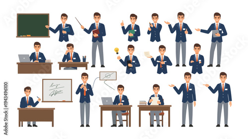 School teacher Collection: A collection of school teachers is presented in various poses, with each person performing specific activities of teaching, expressing education, and instruction.