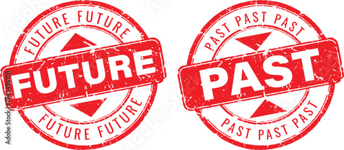 Red circular grunge rubber stamps featuring future and past text for timeline and historical progress visualization