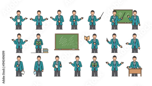 Teacher's Toolkit: A collection of various poses and tools depicting a teacher, showcasing different instructional scenarios and the essential items related to their profession. 
