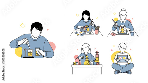 Hobbies and Leisure Activities: A collection of illustrations depicting people engaged in diverse leisure pursuits, fostering creativity and joy.