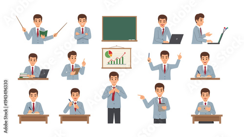 Teacher's Compilation: A collection of a teacher engaging in various activities, representing an instructor’s dedication. Each pose reflects different aspects of knowledge dissemination. 