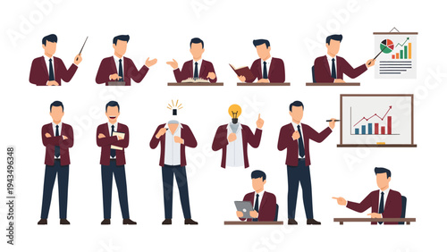 Businessman in Action: A dynamic set of business illustrations showcases a man in various poses, emphasizing communication, presentation, and innovative thinking.