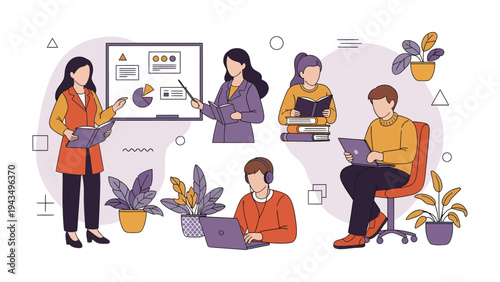 Modern Education Illustration: A vibrant illustration depicts a group of students and instructors immersed in learning, surrounded by elements of a contemporary educational setting. 