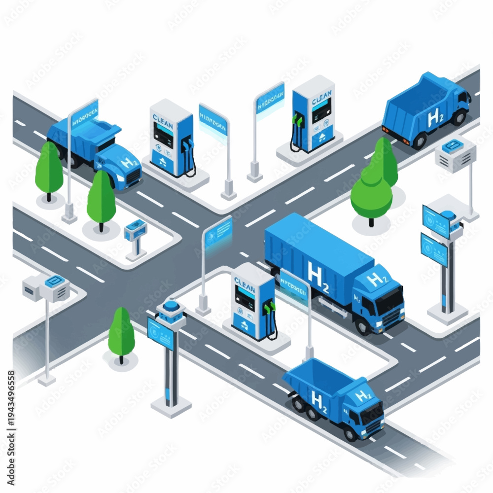 Obraz premium Hydrogen fuel station network with trucks and cars on an isometric road system.