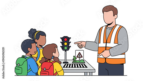 Road Safety Education: A safety instructor demonstrates traffic rules and guidelines to a group of attentive children, promoting safe practices.