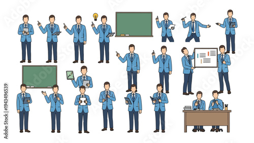 Business Presentation Set: A comprehensive collection of cartoon illustrations captures various poses, gestures, and settings, perfect for business and educational scenarios.